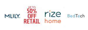 mlily , rize home and bedtech logos, up to 50% off retail logo